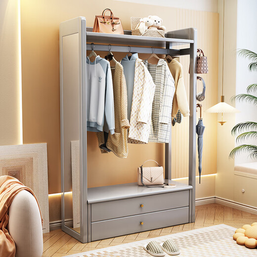 普莱蒂旺衣架置物架落地全实木挂家用卧室带镜子储物简约衣帽架穿衣镜多功 实木环保原木色【100CM】 可折叠