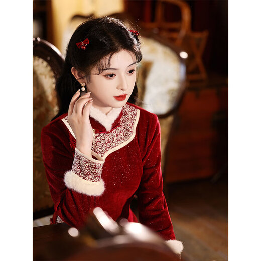 Du Yanzhi red cheongsam winter long-sleeved thickened warm toasting clothing bride New Year's New Year greetings clothing female adults Chinese style red-Yuzhuxin XL (170) 110-120Jin Jin equals 0.5 kg