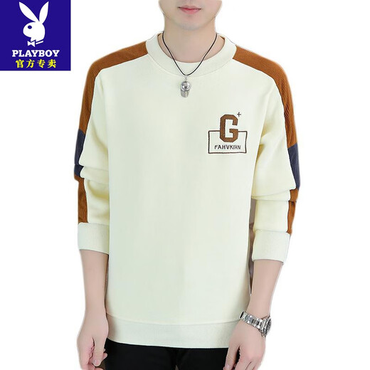 Playboy (PLAYBOY) high quality sweatshirt men's velvet thickened youth color matching loose casual T-shirt men's winter warm base shirt off-white XL recommended 120-135Jin Jin equals 0.5 kg