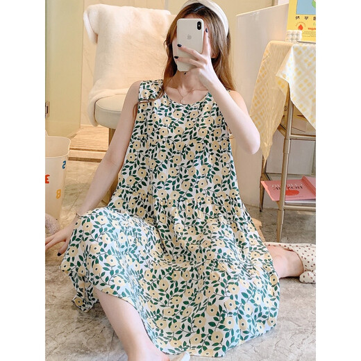 Zhidoudou ärmellose Baumwollseide Nachthemd für Frauen im Frühling und Sommer Internet Promi große Pyjamas Home Kleidung Japanische Märchenrock Student Baumwollseide Rock Dünn 1697 Jasminpfirsichpulver m
