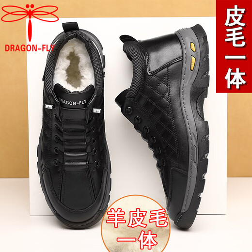 蜻蜓牌皮毛一体真羊毛冬季男士棉鞋保暖加厚休闲高帮鞋大棉鞋防滑底大码 6211黑色 40