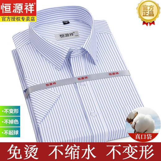 恒源祥[200支DP免烫]纯棉白衬衫男长短袖2024春夏季衬衣 短DX6623细宽纹 蓝色 42 【建议155-165斤】