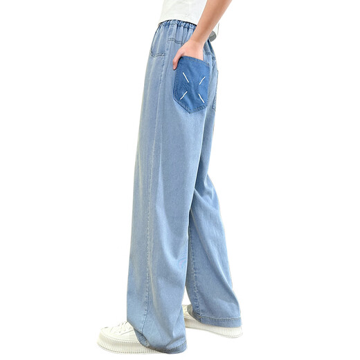 NICKYBABY girls' pants summer thin children's tensile soft jeans large children's summer ice silk straight wide-leg pants summer 15013 blue + 9922 white [set] 150