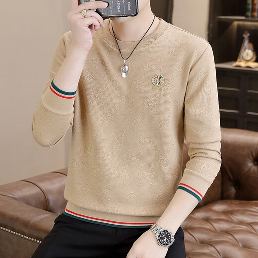 Luowang autumn and winter men's long-sleeved T-shirt trendy brand T-shirt bottoming shirt couple men's autumn sweatshirt top Khaki XL (120-135Jin Jin equals 0.5kg)