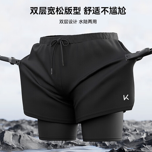 Keep swimming trunks men's anti-embarrassment double-layer loose swimming trunks quick-drying beach spa equipment 192 black XL