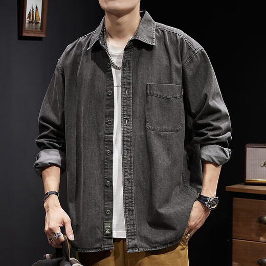 Lomon denim shirt men's autumn outdoor heavy work jacket spring and autumn American blue wear-resistant solid color top men Z757 blue 2XL