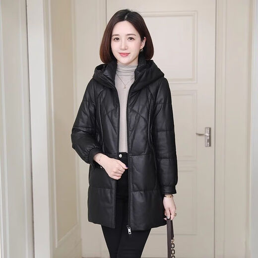 Yunqi Qianqiu Haining genuine leather down jacket women's mid-length 2025 winter new casual hooded sheepskin leather jacket black M recommended 100-115Jin Jin equals 0.5 kg