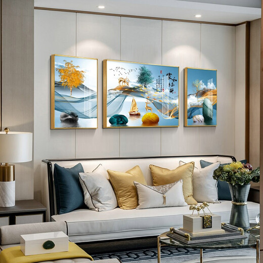 Mo Painting Lulin Modern Simple Living Room Decoration Painting New Chinese Sofa Background Wall Mural Landscape Painting Hall Triangle Landscape Painting 2-Home Harmony All-in-One 12107 Mirror Crystal Porcelain Middle 100*70 Side 50*70 Gold Frame