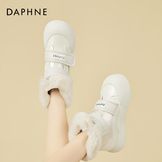 达芙妮（DAPHNE）厚底雪地靴女2025新款秋冬季加绒加厚保暖棉鞋魔术贴毛毛鞋女 米色 35