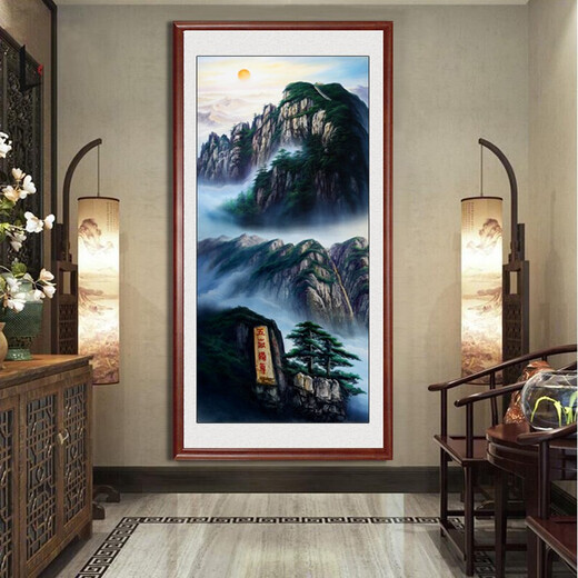 画中画 入户玄关装饰画竖版过道山水画风景进门中式壁画走廊尽头挂画 泰山日出-1048 实木框-240*120cm-带有机玻璃