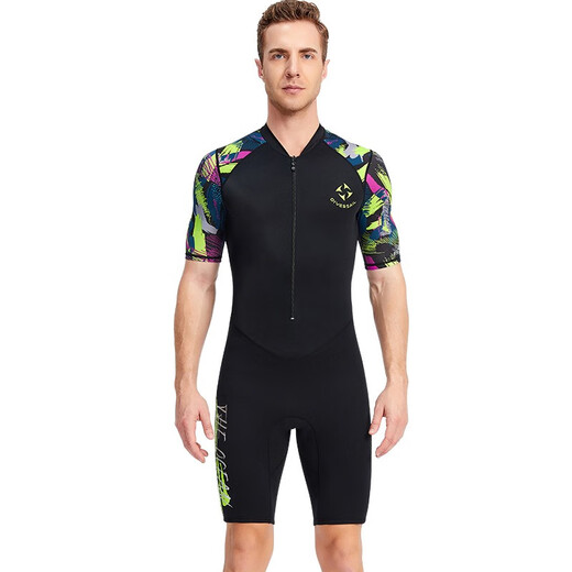 Yobel men's one-piece swimsuit 1.5MM neoprene warm long-sleeved sun protection swimsuit snorkeling surfing boating wetsuit black pattern short-sleeved shorts M recommended weight 120-140Jin Jin equals 0.5 kg