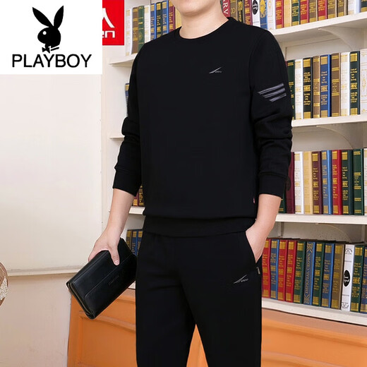 花花公子（PLAYBOY）男装男士休闲运动时尚套装春秋季新款套头棉卫衣圆领长袖衣 677款(红色) 2XL (建议140-158斤)