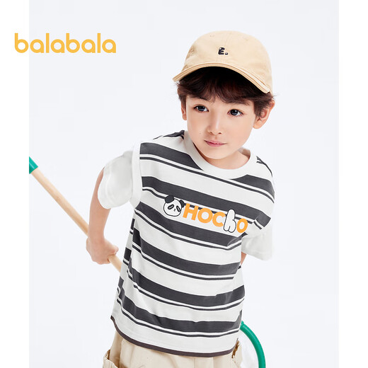 Balabala children's clothing boys short-sleeved T-shirt fake two-piece striped top children's panda letter print summer fashion trendy gray tone 00422 120cm