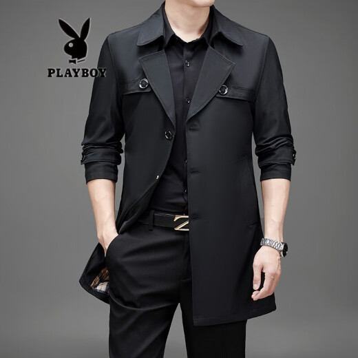 Playboy windbreaker men's mid-length spring, autumn and winter men's business casual coats men's outerwear trendy thickened jackets for young and middle-aged mature men's dad's clothes plus size fat guy tops 8907 black regular inner 3XL
