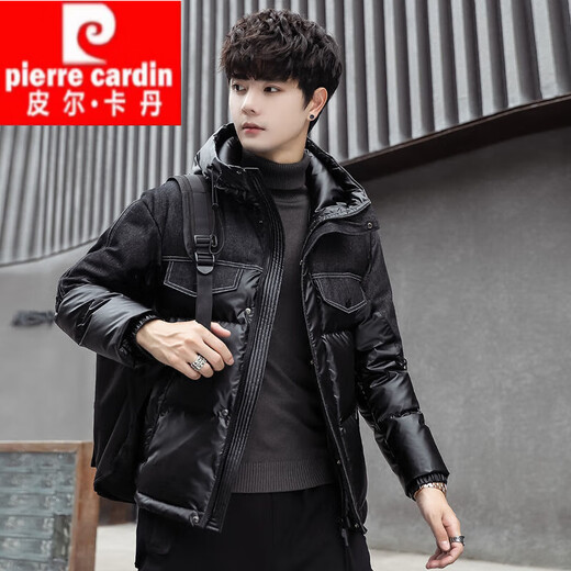 
Pierre cardin down jacket men's hooded winter new trendy brand short handsome denim spliced ​​winter warmth thickened stand collar jacket Y-838 hat black M 105-120Jin [Jin equals 0.5 kg]