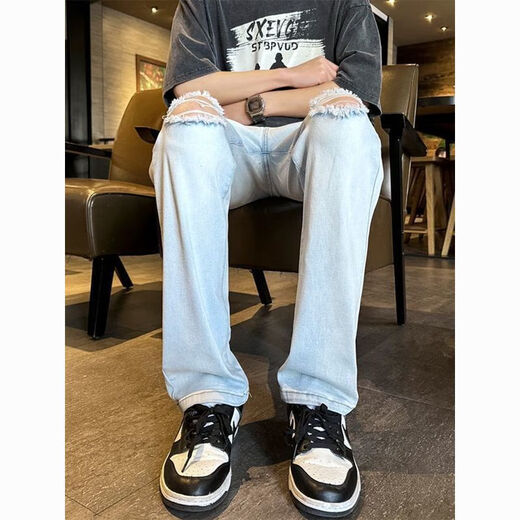 潮韩都破洞牛仔裤男生春秋夏季美式设计感修身直筒裤子潮牌显瘦休闲裤 浅蓝色G838 L