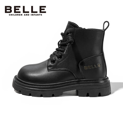 Belle children's shoes winter children's boots girls fashionable leather boots baby warm plus fleece Martin boots black size 37
