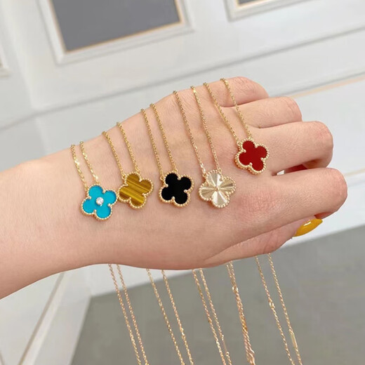 Fat Donglai's same 18K gold four-leaf clover pendant necklace women's tall version 18K rose gold mother-of-pearl clavicle chain 999 small necklace - rose gold red agate