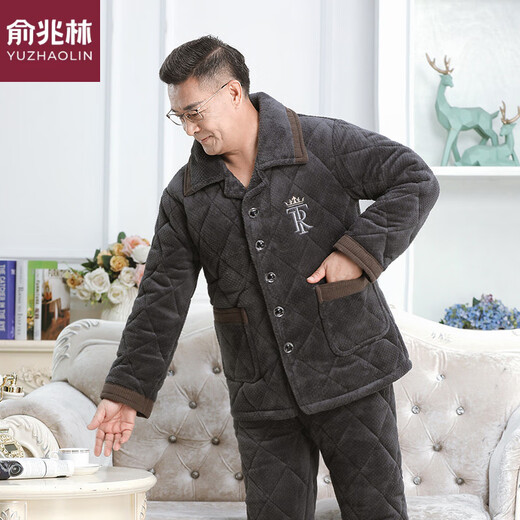 Yu Zhaolin, pyjamas pour hommes âgés et âgés, velours de corail épaissis et moelleux en hiver, veste en coton à trois couches, grande taille, vêtements de maison chauds de papa, 695 style gris moyen moyen, épaissis à trois couches et pelucheux, recommandés 120-140jin [Jin est égal à 0,5 kg]