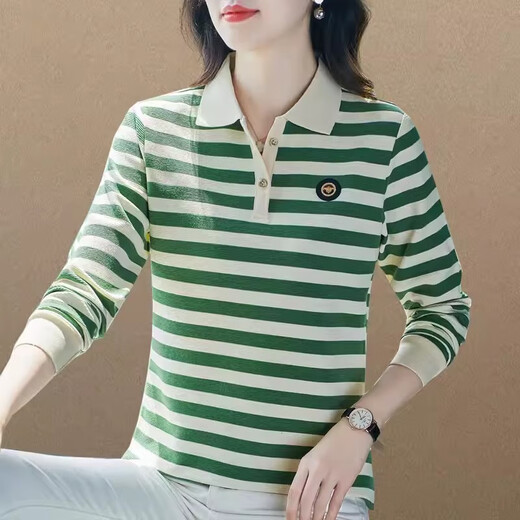 Fangluyu Langarmed T-Shirt für Frauen im Frühjahr und Herbst neuer Stil der Mutter des mittleren Alters mittleren Alters High-End-Baumwoll-Revers-Polo-Hemd Casual T-Shirt Lose T-Shirt 6636 Olive Green One Size M empfohlen, 85-95 Jin zu tragen [Jin gleich 0,5 kg]
