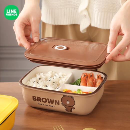 Manchaojia LINEFRIENDS co-branded insulated lunch box ceramic office worker microwave oven heated lunch box with compartments and lid BROWN style [lunch box + chopsticks and spoon three-piece set]