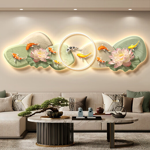 米聆九鱼图客厅沙发背景墙装饰画轻奢高级感石来运转挂新中式壁 九鱼嬉戏C暖光灯双层发光 12035cm双层UV亚克力精雕轻奢立