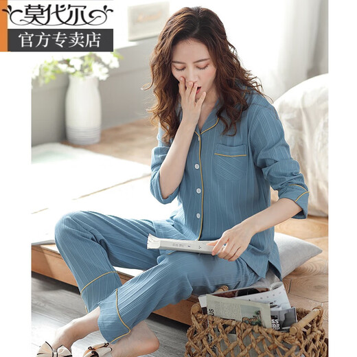 Modal Pyjamas Frauen Frühlings- und Herbststil Herbst und Winter reines Baumwoll-Langarm-Hauskleidung alle Baumwoll-Frühling und Sommer Dünner großer loser Set L6630 Lake Blue-Jacquard (Lycra Cotton) M (Empfohlen 80-100 Jin [Jin gleich 0,5 kg]))