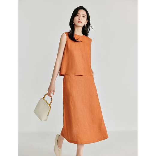 INMAN Clear Linen Series Linen Cool Skirt Set 2025 Summer Women's New Vest Slimming Two-piece Set Red Brown S