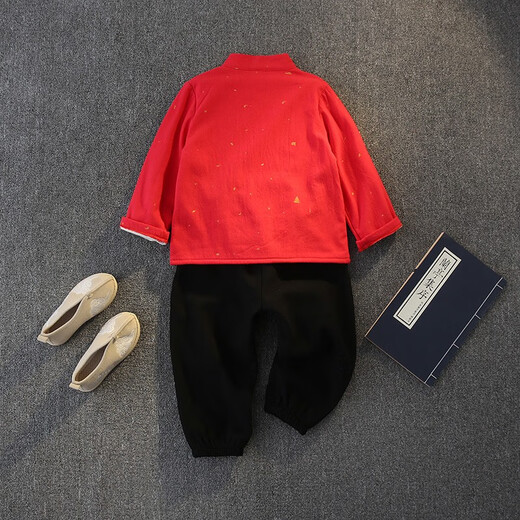 圆圆米米男童汉服宝宝中国风衣服儿童周岁礼服加绒唐装名族古装套装少爷服 WLCX753加绒红色 90