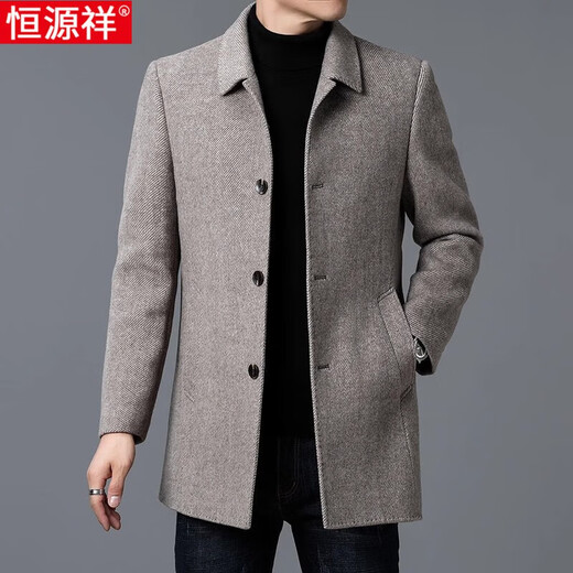恒源祥毛呢大衣男士中长款商务休闲中老年爸爸双面羊毛呢外套加厚风衣男 灰色 170/M 体重100-125斤