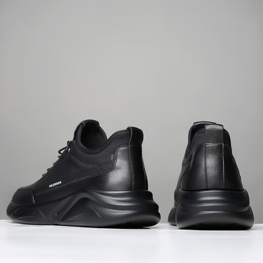 GENAI New Genuine Leather Sports Shoes Men's Casual Shoes Casual Leather Shoes Men's Business Shoes Heightening Shoes Trendy Shoes Men's Shoes Black Genuine Leather + Elastic Mouth Four Seasons Trendy Shoes 40 (250mm)