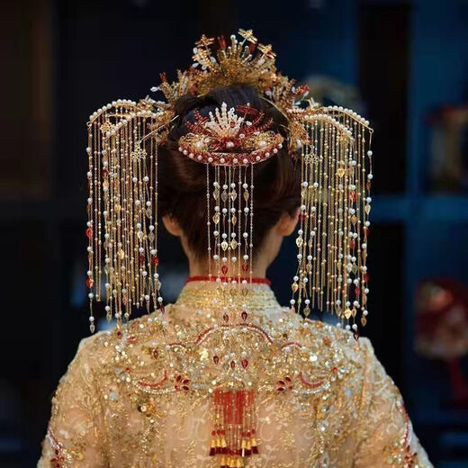 Lingchuan Xiuhe clothing headdress wedding bride tassel step shaking phoenix crown Chinese style elegant wedding simple and elegant show kimono hair accessories Xiuhe headdress set