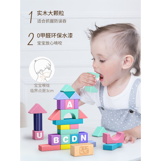 贝智鹿婴儿童积木木头大颗粒拼装玩具层层叠宝宝拼图1一2岁3女孩桌6 经典主题【61块数字字母积木】
