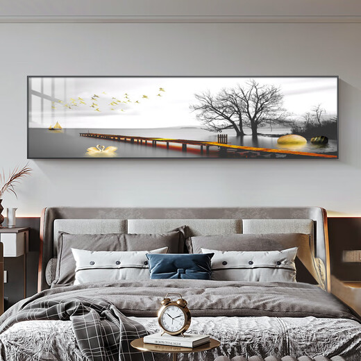 Aohan modernes Licht Luxus Nachts Malerei Schlafzimmer Hauptschlafzimmer Hintergrund Wanddekoration Gemälde Wohnzimmer Horizontale Version warmes und warmes Atmosphäre Wandmalerei JD12243 Xianlu schaut auf den Mond 120*30 cm Kristallporzellan Aluminiumlegierung schwarzer Rahmen