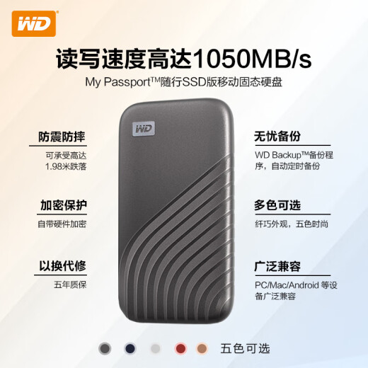 西部数据（WD）移动硬盘固态PSSD type-c接口  小贝壳 手机直连笔记本外接 My Passport随行 珊瑚红1050MB/s 2TB