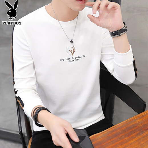 Playboy (PLAYBOY) толстовка мужская осенне-зимняя футболка с длинными рукавами мужская куртка повседневный мужской свободный топ белый XL