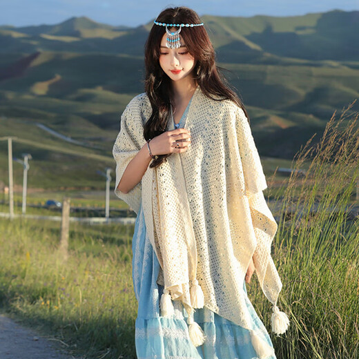 Oein Yunnan ethnic style shawl women's outer wear 2024 scarf women's northwest travel grassland wear shawl shawl blanket QC beige hollow flower tassel shawl