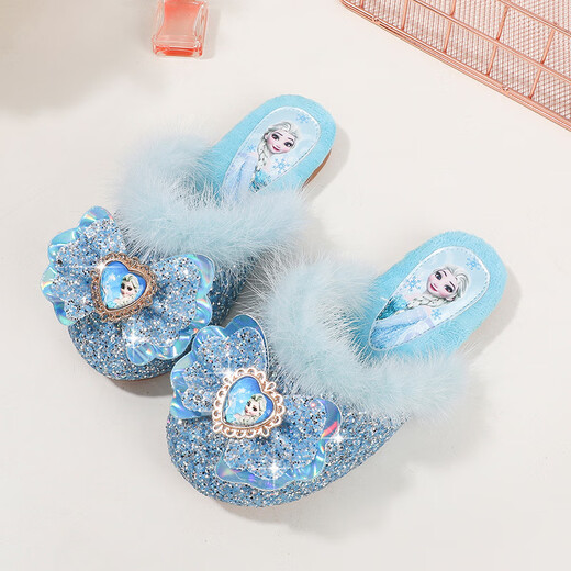 Children's Winter Plush Mops Fashion New Girls Elsa Princess Fashion Home Flat Heel Baotou Warm Cotton Mops Blue Plush 28 Size 28