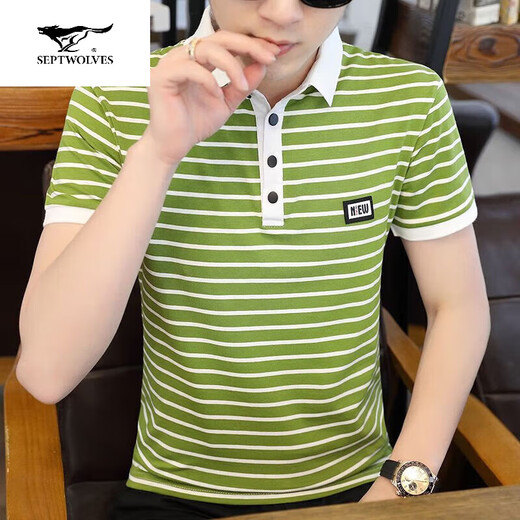 
SEPTWOLVES summer new men's pure cotton slim short-sleeved men's youth lapel T-shirt POLO. shirt striped thin ins short-sleeved men's black 5012- XL [120-135Jin[Jin equals 0.5 kg]]