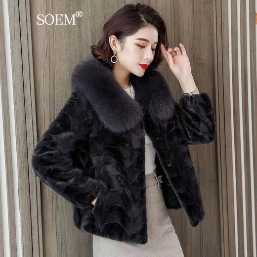 SOEM 2025新款海宁貂皮大衣女真貂短款修身皮草外套女狐狸毛领拼貂 黑色 3XL 125-135