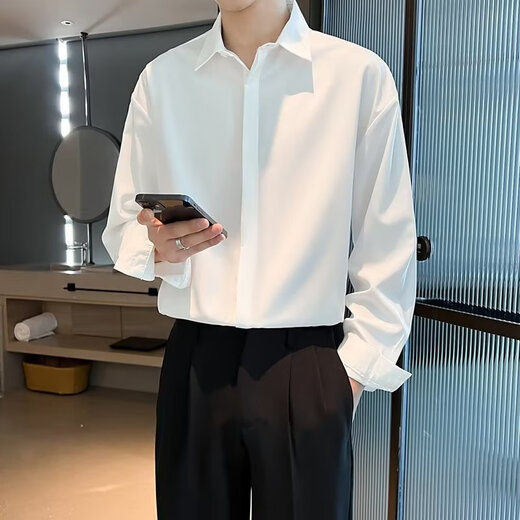 星禾莱宽松垂感黑色衬衫男长袖春秋高级感痞帅男士休闲男装白衬衣潮 白色 L 110-127斤