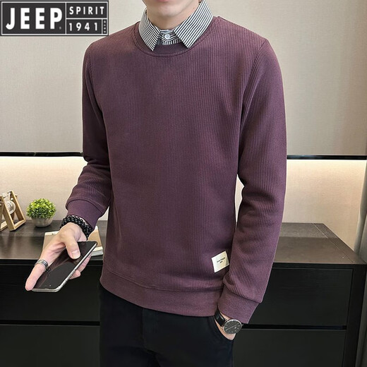 吉普（JEEP）衬衫领卫衣男2025新款秋季潮流修身假两件套头上衣打底针织T恤 友谊9893 白色 M 90到105斤