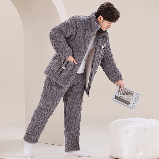 莫代尔新款男士秋冬季三层夹棉睡衣珊瑚绒加绒加厚法兰绒家居服冬天套装 咖啡色M6629 3XL 【165-195斤】三层加厚