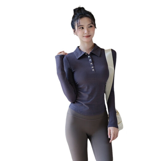 LULU CENTURY Autumn and Winter New Lapel Breasted Yoga Wear Women's Sports Top Slim Fit Long Sleeve Pilates Training Fitness Wear Dark Gray S