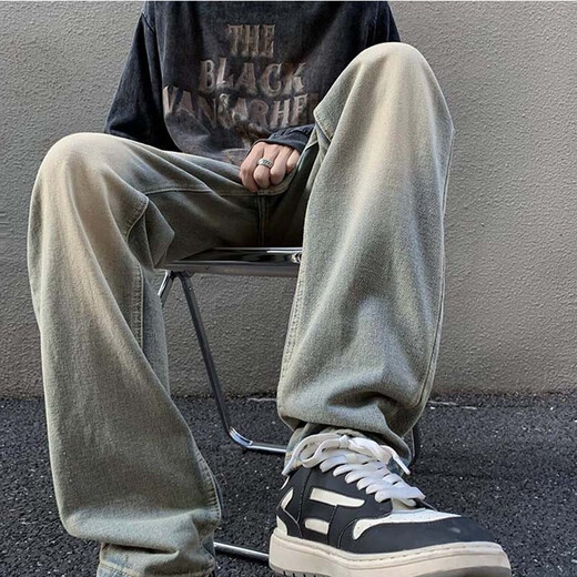 迪伽达直筒牛仔裤男春季新款美式高街青少年学生工装修身小脚黄染牛仔裤 TCFS-723黄色 M