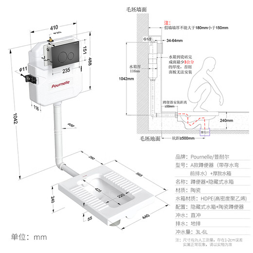 POURNELLE hidden flush tank embedded squat toilet hidden in the wall squat toilet concealed squat toilet A type squat toilet (with curved front drainage) + thick water tank