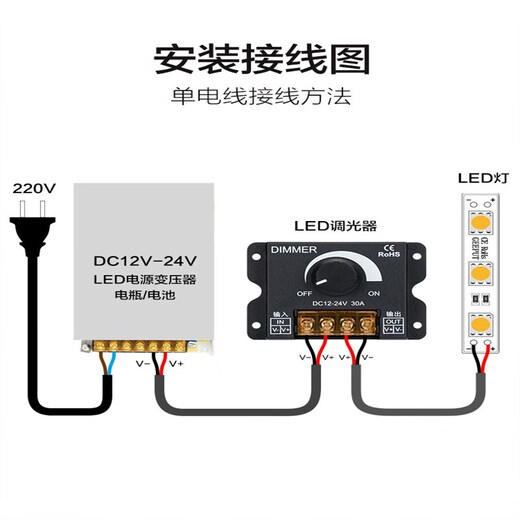 LED dimmer brightness adjustment control DIMMER knob voltage regulation stepless switch DC12V-24V 30A DC black (5V12V24V)