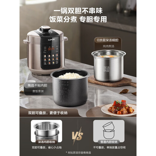 苏泊尔  SUPOR苏泊尔0涂层深汤电压力锅5L家用双胆智能多功能大容量高压锅饭煲SY-50YC5012电饭煲电炖锅家电 玫瑰金