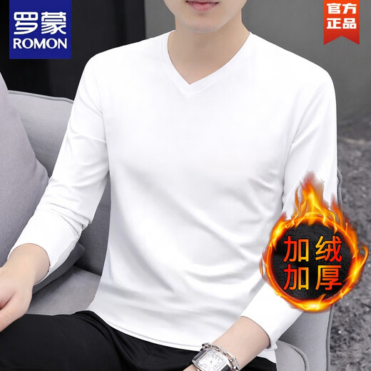 ROMON long-sleeved T-shirt for men in autumn and winter new sweetheart neck pure cotton V-neck slim top with velvet thickened warm base layer white style velvet 2XL 145-160Jin Jin is equal to 0.5 kg