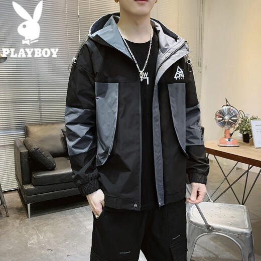 Playboy (PLAYBOY) men's jacket spring and autumn Korean style trendy men's casual handsome hooded top work jacket trendy brand black XL